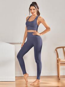 2pcs Seamless Fitness Yoga Suit Tracksuit Gym Set Racer Back Bra Tummy Control Tights - Violet Purple - View 2