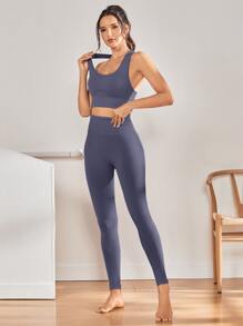 2pcs Seamless Fitness Yoga Suit Tracksuit Gym Set Racer Back Bra Tummy Control Tights - Violet Purple - View 3