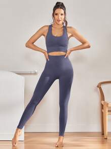 2pcs Seamless Fitness Yoga Suit Tracksuit Gym Set Racer Back Bra Tummy Control Tights - Violet Purple - View 5