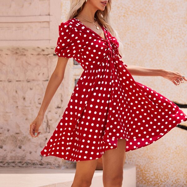 

Polka Dot Drawstring Ruched Dress, Red