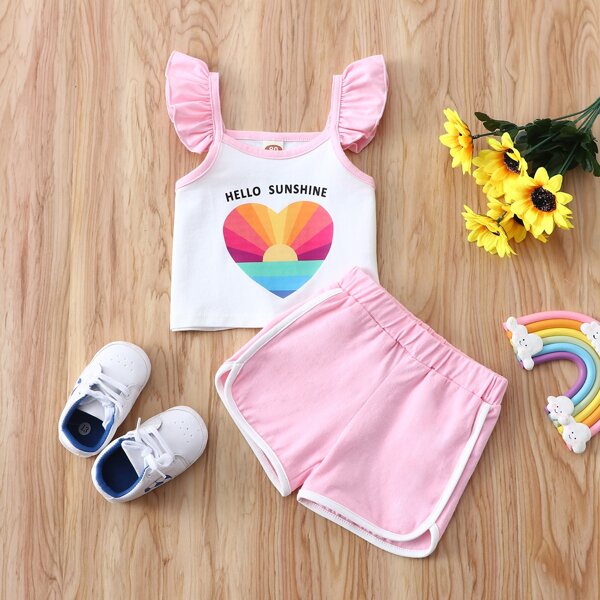

Baby Girl Heart Print Ruffle Cami Top With Track Shorts, Multicolor