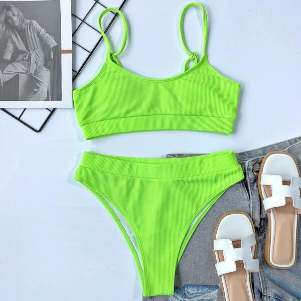 

Rib High Waisted Bikini Swimsuit, Lime green