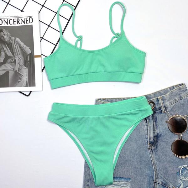 

Rib High Waisted Bikini Swimsuit, Mint green
