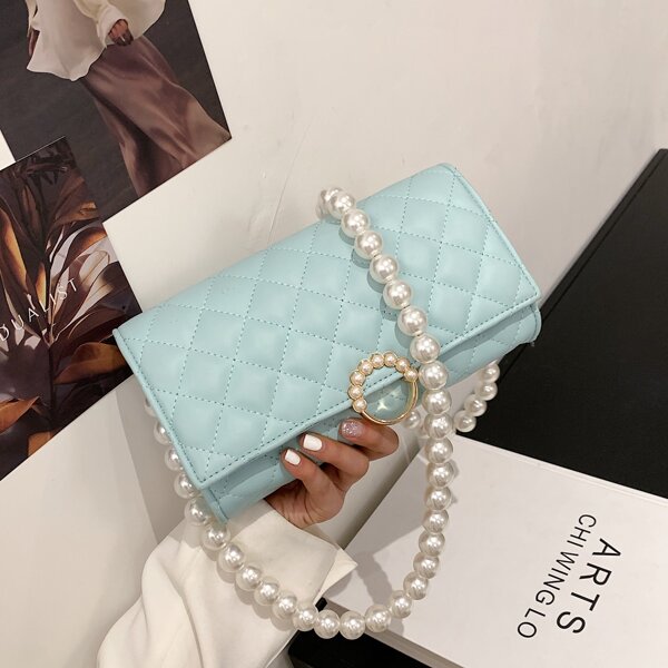 

Faux Pearl Decor Quilted Crossbody Bag, Baby blue