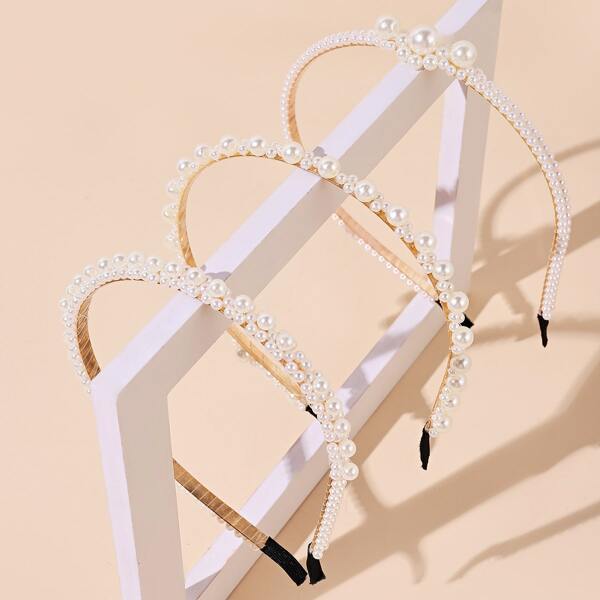 

3pcs Faux Pearl Beaded Headband, White