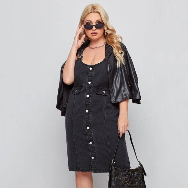 

Plus Button Front Denim Dress, Black