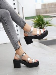 Sandalias Hebilla Liso Zapatillas abiertas Miedoso - Plateado - Ver 1