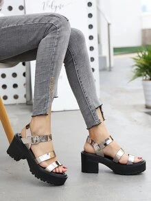 Sandalias Hebilla Liso Zapatillas abiertas Miedoso - Plateado - Ver 4