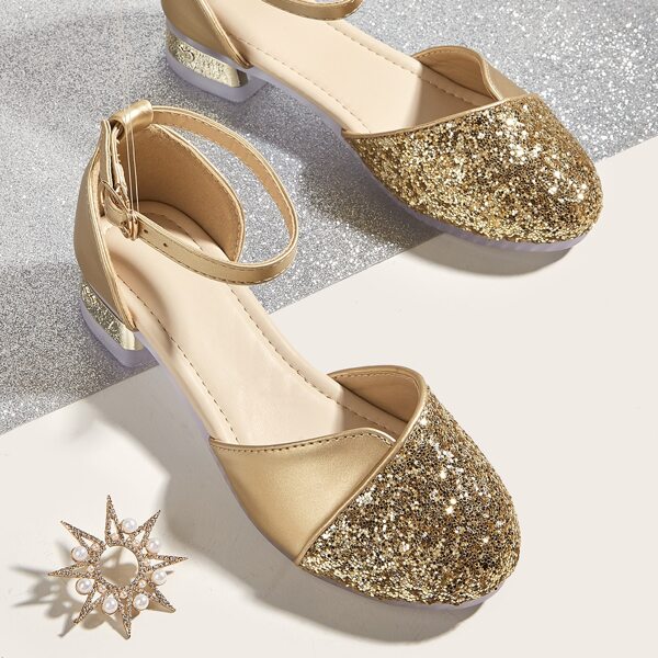 

Girls Metallic Glitter Decor Ankle Strap Flats, Gold