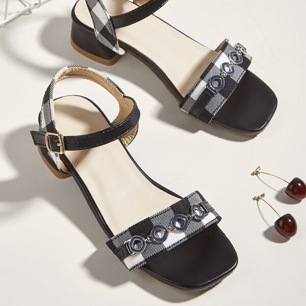 

Girls Chain Decor Plaid Ankle Strap Sandals, Black and white
