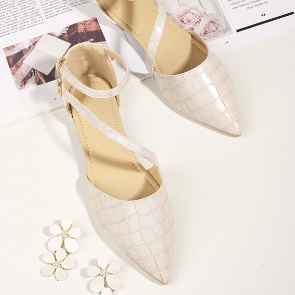 

Croc Embossed Buckle Strap Flats, Beige
