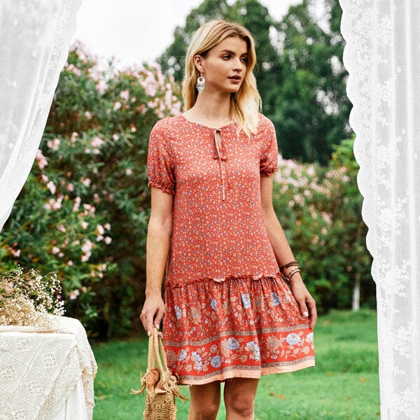 

Ditsy Floral Knot Smock Dress, Redwood
