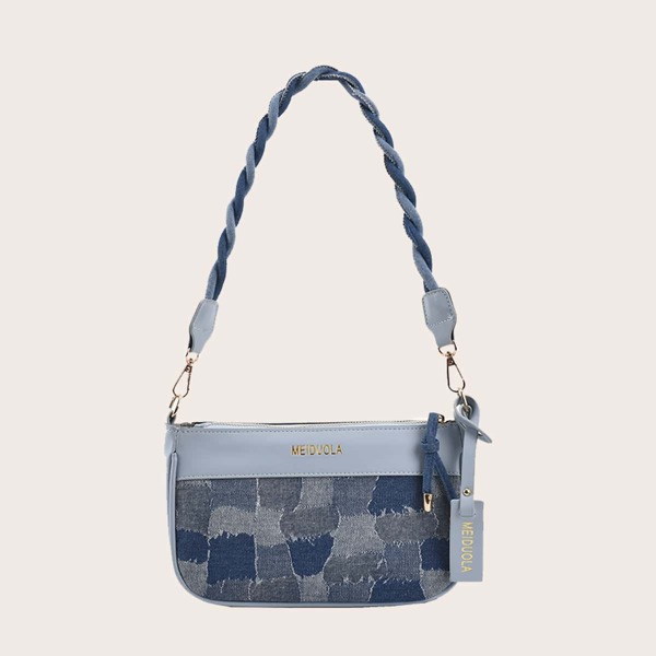 

Patchwork Design Baguette Bag, Blue