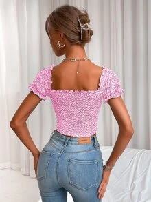 Allover Print Shirred Knot Blouse - Pink - View 2