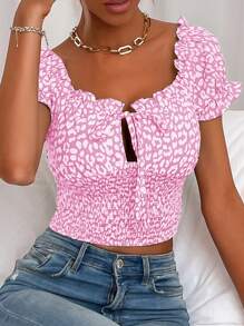 Allover Print Shirred Knot Blouse - Pink - View 3