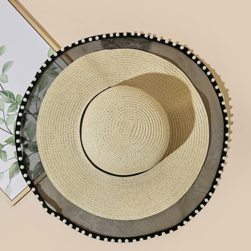 

Faux Pearl Straw Hat, Beige