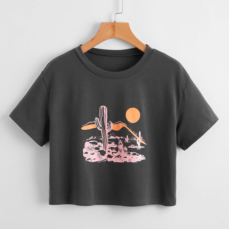 

Sun & Cactus Graphic Crop Tee, Dark grey