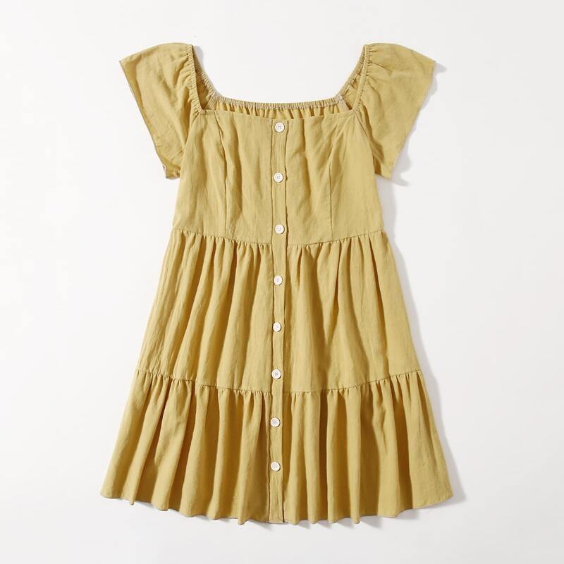 

Solid Button Front Smock Dress, Mustard yellow