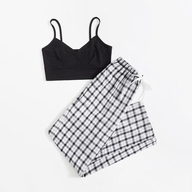 

Solid Ribbed Crop Cami & Plaid Pants, Black and white