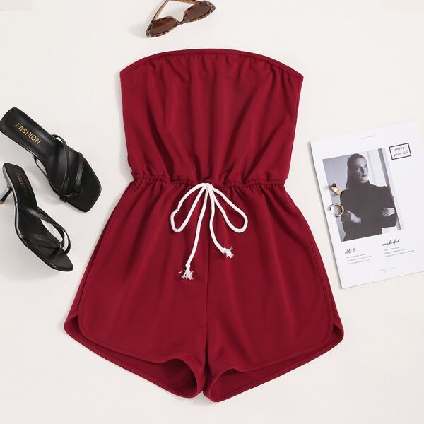 

Plus Knot Front Wide Leg Tube Romper, Burgundy