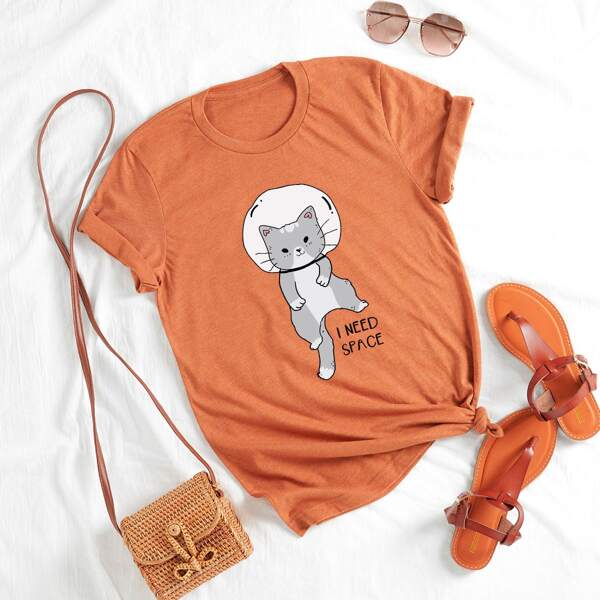 

Plus Slogan & Cartoon Graphic Round Neck Tee, Brown