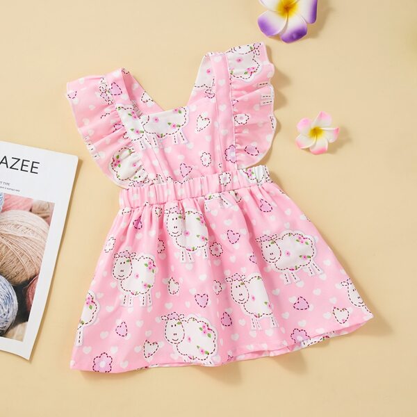 

Baby Girl Cartoon Sheep Print Ruffle Overall Dress, Pink