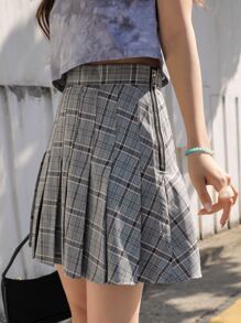 Falda fruncido con estampado de cuadros con cremallera lateral - Gris - Ver 2