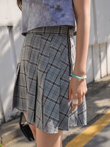 Falda fruncido con estampado de cuadros con cremallera lateral - Gris - Ver 3