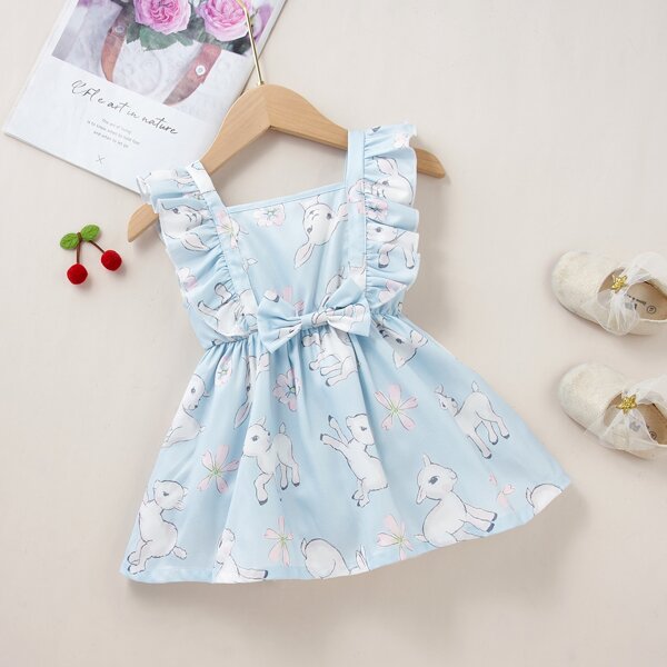 

Baby Girl Cartoon Graphic Bow Front Ruffle Trim Dress, Baby blue