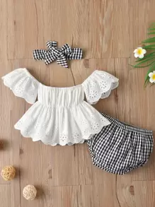 SHEIN Baby Eyelet Embroidery Scallop Trim Top & Gingham Shorts With Headband - Black and White - View 1