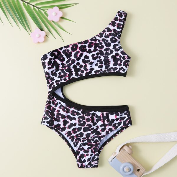 

Toddler Girls Leopard Cut-out One Shoulder One Piece Swimsuit, Multicolor