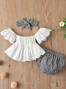 SHEIN Baby Eyelet Embroidery Scallop Trim Top & Gingham Shorts With Headband - Black and White - View 2