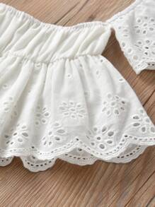 SHEIN Baby Eyelet Embroidery Scallop Trim Top & Gingham Shorts With Headband - Black and White - View 4