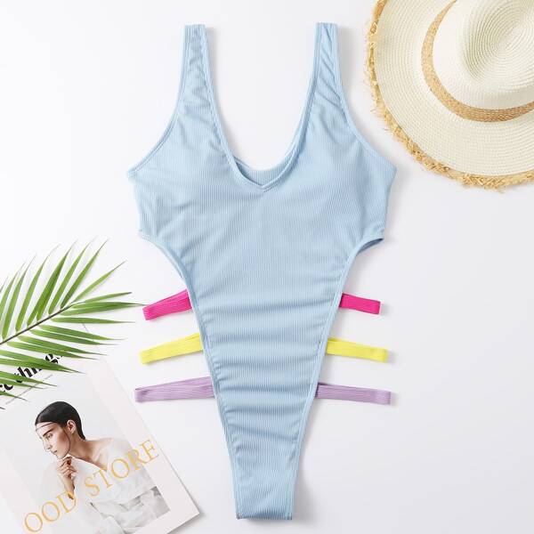 

Rib Cut-out One Piece Swimsuit, Dusty blue