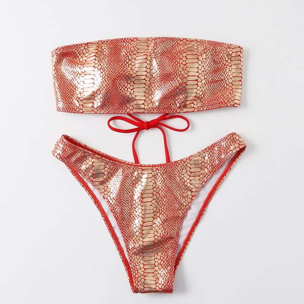 

Metallic Crocodile Bandeau Bikini Swimsuit, Multicolor