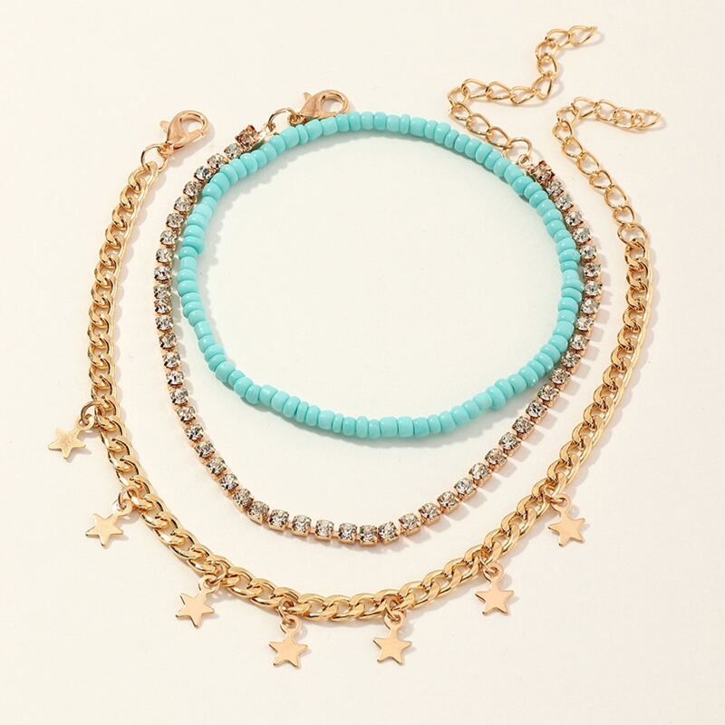 

3pcs Star Rhinestone Anklet, Gold