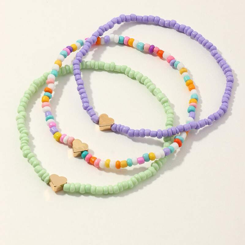 

3pcs Heart Beaded Anklet, Multicolor