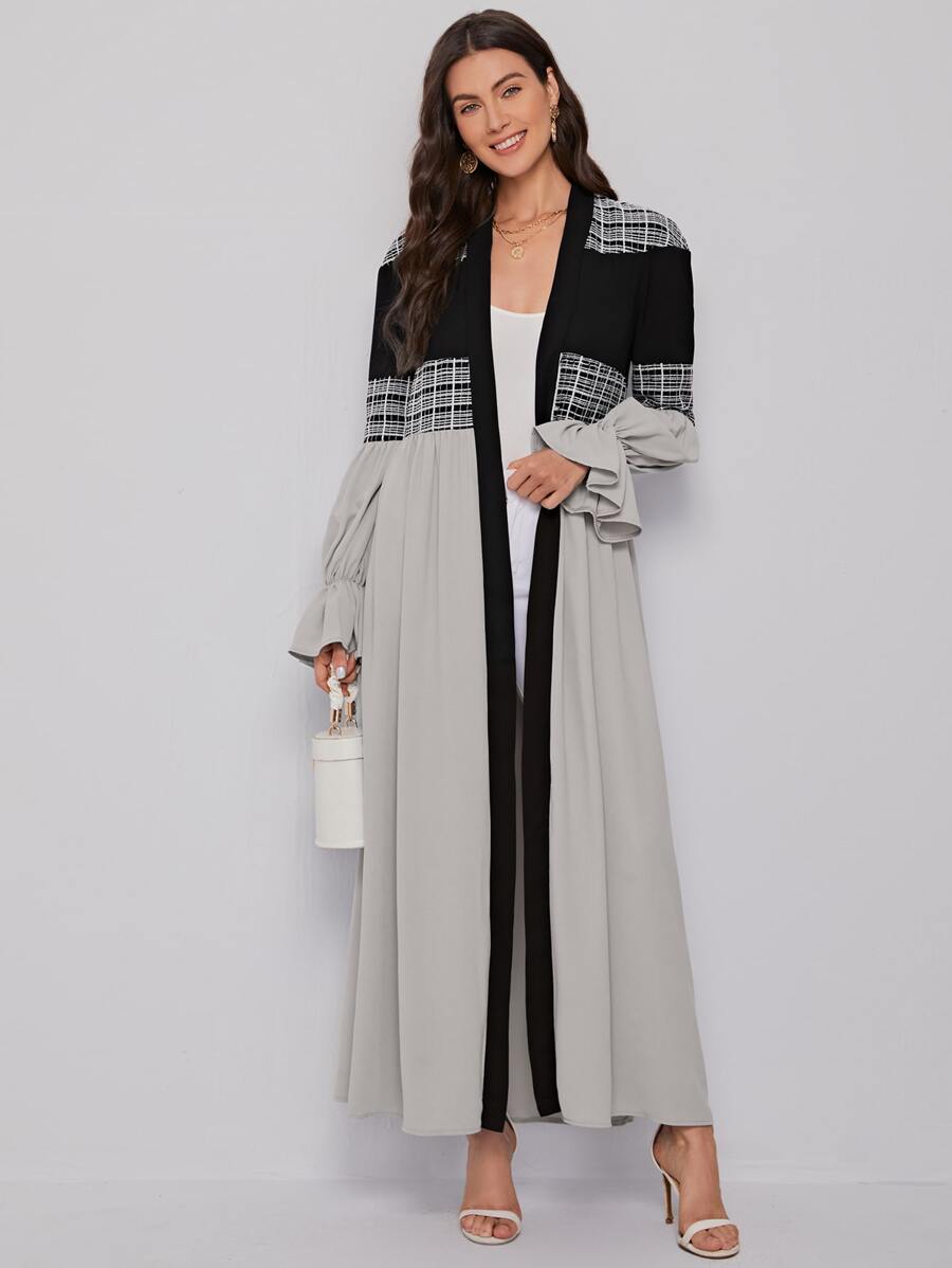 Al Najma Bishop Sleeve Plaid Open Front Abaya - Light Grey - View 1