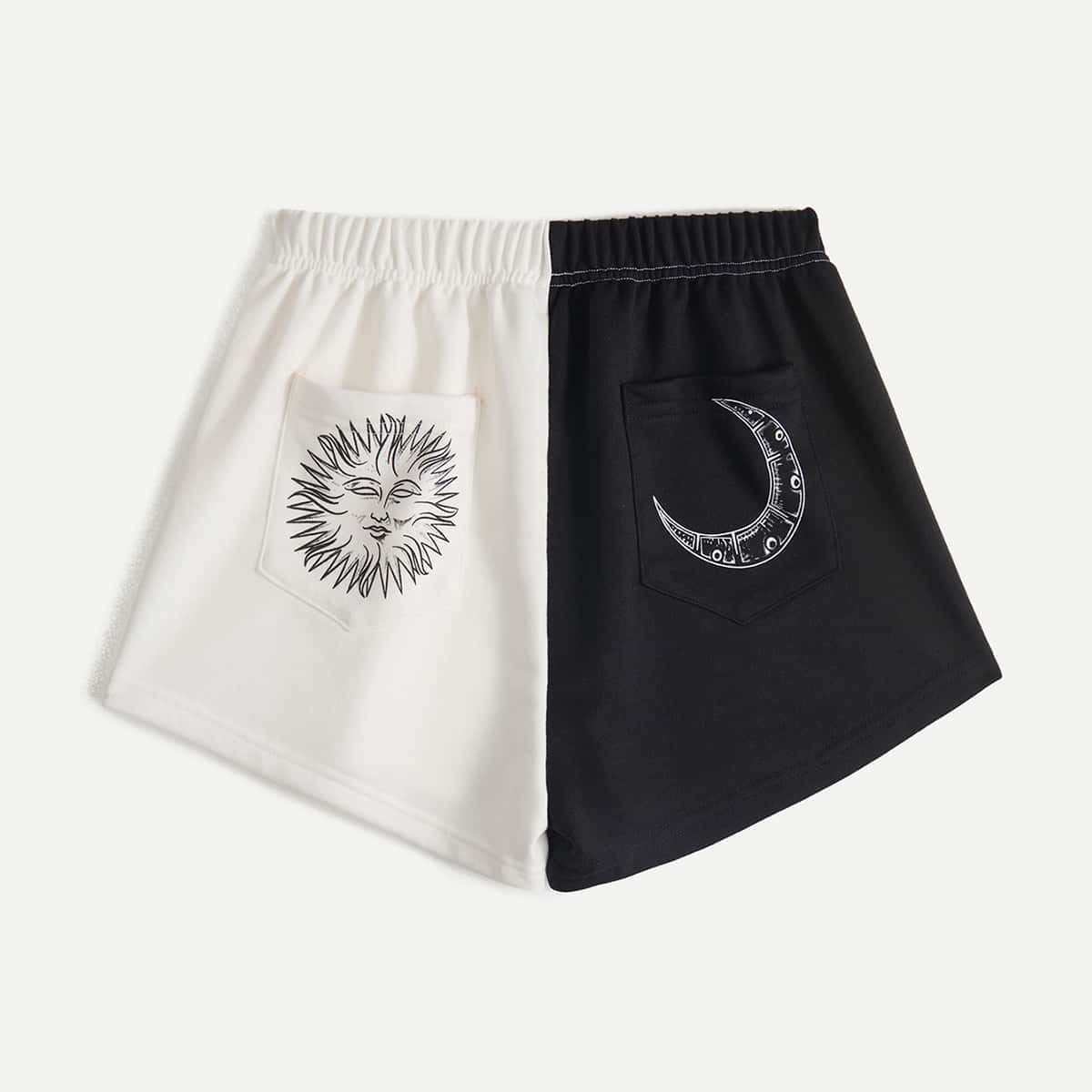 

Sun & Moon Graphic Two Tone Pocket Shorts, Black and white
