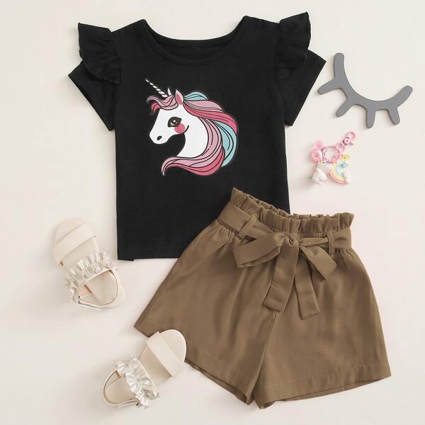 

Toddler Girls Unicorn Print Ruffle Tee With Belted Paper Bag Shorts, Multicolor