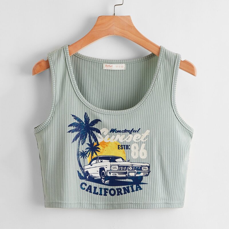 

Letter Car Graphic Ribbed Tank Top, Mint green