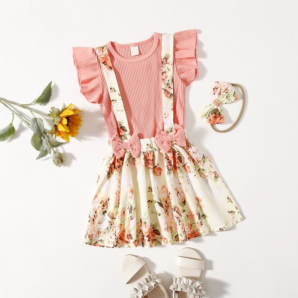 

Toddler Girls Ruffle Trim Tee & Floral Suspender Skirt & Headband, Multicolor