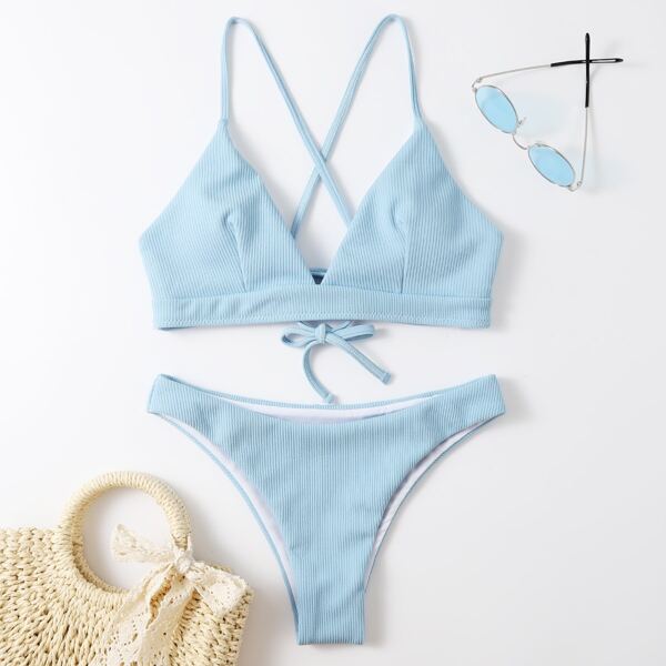 

Textured Criss Cross Bikini Swimsuit, Baby blue
