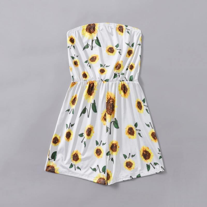 

Sunflower Print Tube Romper, White