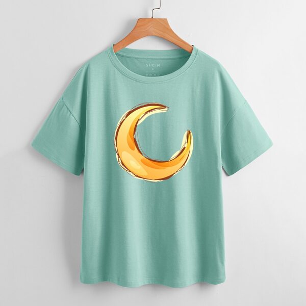 

Moon Print Drop Shoulder Tee, Green