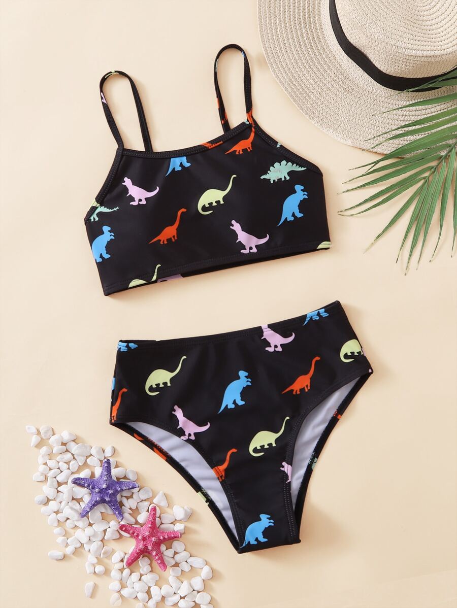Tween Girl Dinosaur Random Print Bikini Set Summer Beach - Black - View 1