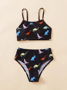 Tween Girl Dinosaur Random Print Bikini Set Summer Beach - Black - View 3