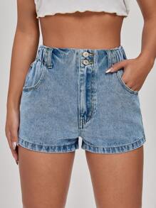 Shorts mezclilla de cintura alta - Azul lavado medio - Ver 1