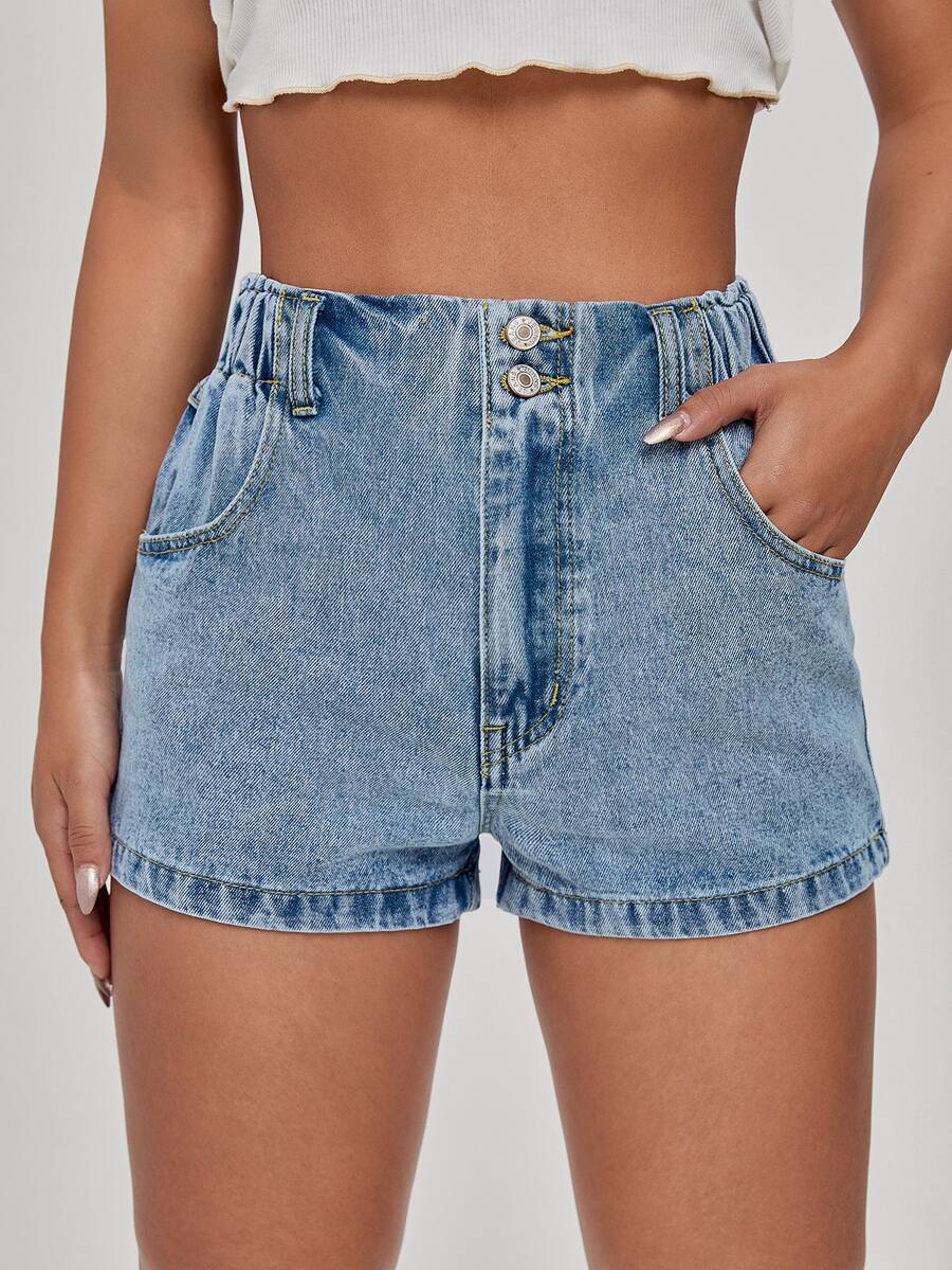 Shorts mezclilla de cintura alta - Azul lavado medio - Ver 1