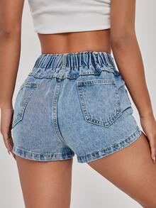 Shorts mezclilla de cintura alta - Azul lavado medio - Ver 2